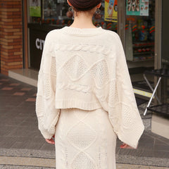 Korean New Fashion Knitted 2 Piece Set Twist Crochet Batwing Sleeve Loose Sweater Crop Top And Split Bodycon Skirt Women's Suits
