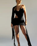 Dress Women Solid Sexy Cutout Sloping Shoulder Dress Fringe One Shoulder Sleeve Mini Dress Female Midnight Party Dress