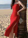 Women's Summer Spaghetti Straps Beach Midi Black Dress Elegant Sleeveless Bodycon Sexy Vestidos Femme Solid Holiday Clothes