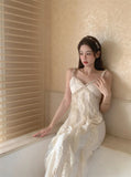  Summer Pure Color Office Lady Sweet Lace Long Dress Beach Style Y2k Travel Dress Women Elegant One Piece Dress Korean