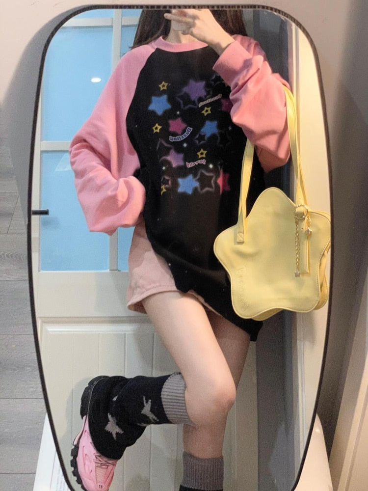 Y2K Aesthetic Star Print Hoodies Women Harajuku Kpop Casual Oversized Sweatshirts Streetwear Loose Pullover Tops E-girl