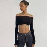 See Through Mesh Crop Top Women Pullovers Strapless Short Knit Cropped Tops Ladies Tee Shirt Sexy Off-shoulder T-shirt