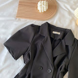 Women Black Suit Collar Short Sleeve Tops White Short Skirt Two Piece Set Casual Korean Fashion Baggy Ladies Suit Summer