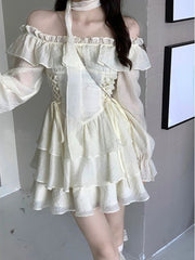 Summer Elegant Ruffles Fairy Dress Women Casual Sweet Lolita Party Dress Long Sleeve One Piece Dress Korean Female Fashion