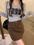 Y2K Grunge Graphic Tees Gray Crop Top Women Korean Style Long Sleeve Sexy Slim White Tshirts Vintage Streetwear T Shirt