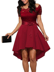Elegant Red Lace Dress Women Patchwork Slash Neck Short Sleeve Sashes Tunic Dress  Summer Ladies Sexy Evening Party Dresses