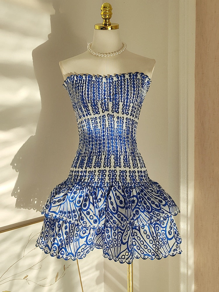 Retro Blue Printed Hollow Out Design Slim Fit Ruffles Patchwork Strapless Sleeveless Dress Beach Holiday Dresses Autumn