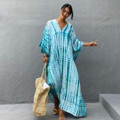Bohemian Striped Print Women Beach Dress Bathing Suit Cover Up Summer Tunic For Woman Beachwear Robe de plage Kaftan Pbong  mid size graduation outfit romantic style teen swag clean girl ideas 90s latina aesthetic