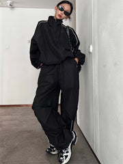 90s Vintage Black Pants Sets Women Y2K Streetwear Jacket Oversize Wide Leg Track Trousers Gorpcore Two Piece Set Tracksuit