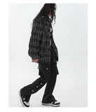 Women's Fashion Polo Collar Weave Jacket Outerwear Vintage Plaid Pocket Long Sleeves Casual Street Baggy Tops Autumn Ladies