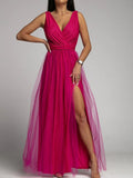 Sexy V Neck Shiny Mesh Puff Sleeve Dress Elegant Summer Waist Slit Slim Party Dress Women Fashion Solid Chic Pleated Long Dress