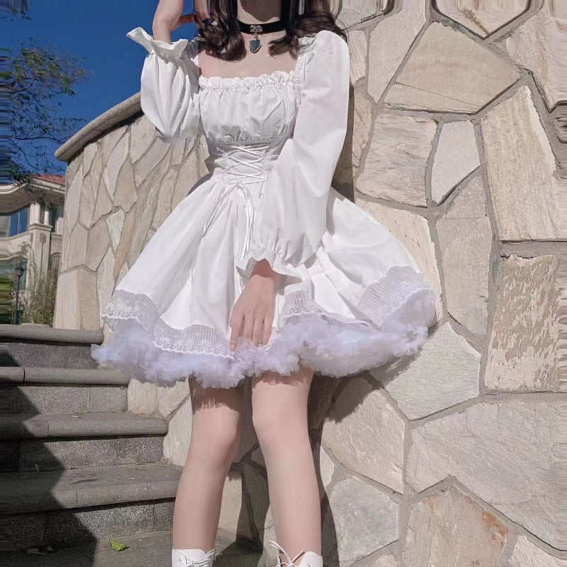 White Lolita Dress Kawaii Vinatge Long Sleeve Mini Dresses Black Gothic Bandage Lace Patchwork Streetwear Square Collar