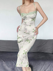 Summer Soft Printed Back Slit Dress Woman Fashion Sleeveless Backless Slim Midi Vestidos Female Elegant Bodycon Dresses