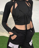 Gothic hollow tshirt 2 pieces crop top summer black Punk bandage tassel top high streetwear party top cotton tees female