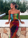Sexy Strapless Women Summer Dress Y2K Fashion Printed Slim Maxi Beach Dress Elegant Mesh Sleeveless Vacation Party Outfis