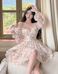 Summer Sweet V-Neck Floral Chiffon Dress Women Elegant Long Sleeve Ruffles Party Mini Dresses Female Korean Chic Slim Vestidos