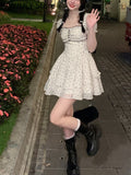 Summer French Vintage Floral Mini Dress Woman Beach Elegant One Piece Dress Korean Fashion Bow Sweet Short Party Dress Chic