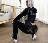 Chic Thin Velvet Autumn Juicy Apple Tracksuit 2 Pieces Set Hoodie Suit Women Velour Sweatshirt and Pants with Diamonds Y2K