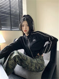 Y2K Vintage Zip Up Cropped Hoodie Women Korean Fashion Striped Black Jackets Female Kpop Egirl Harajuku Sweatshirt Sping