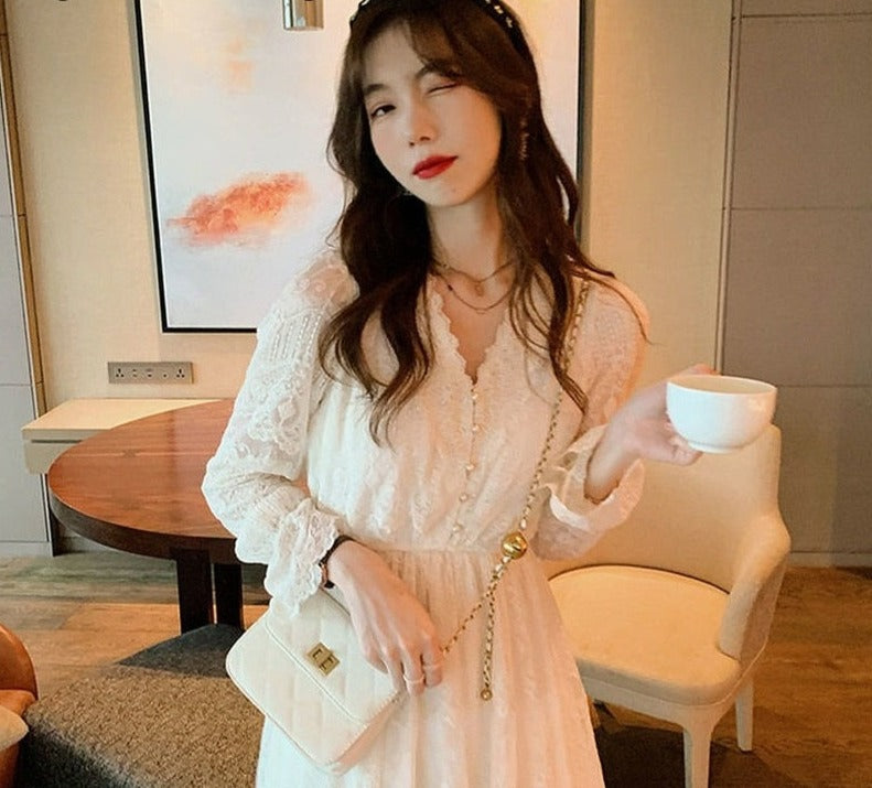 Spring Lace Vintage Fairy Dress Women Elegant Flare Sleeve Korean Party Midi Dress Casual Office Lady Slim Y2k Kawaii Dress