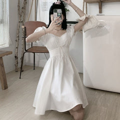 Sweet White Puff Sleeve Dress Women Mori Vintage Wrap Bodycon Short Dresses Preppy Style School Robes Female