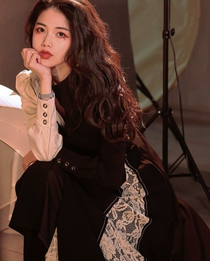 Autumn French Vintage Midi Dress Women Black Lace Patchwork Korean Party Dress Sexy Hollow Out Female Casual Elegant Dress
