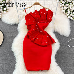 Pbong mid size graduation outfit romantic style teen swag clean girl ideas 90s latina aesthetic Fashion Party Dresses For Women  Sleeveless Beaded Pleated Ruffles Strapless Sexy Bodycon White Dress Luxury Elegant Dress