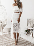 Women Sexy Solid Mesh Hollow Outfits Elegant Lace Strapless Tops+Slim Long Irregular Skirt Suits New Embroidery Ruffle Party Set