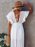 Sexy Bikini Cover-ups Long White Tunic Casual Summer Beach Dress Elegant Women Clothes Beach Wear Swim Suit Cover Up Q1208