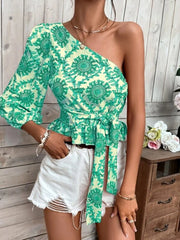 Women New Pattern Print One Shoulder Blosues Sexy Skew Collar Waist Lace-up T-Shirt Top Fashion Casual Office Long Sleeve Blusas