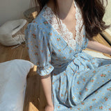 Vintage Floral Dress Women Elegant Lace Chiffon Korean Party Dress Puff Sleeve V Neck Midi Dress Fall Dresses for Women