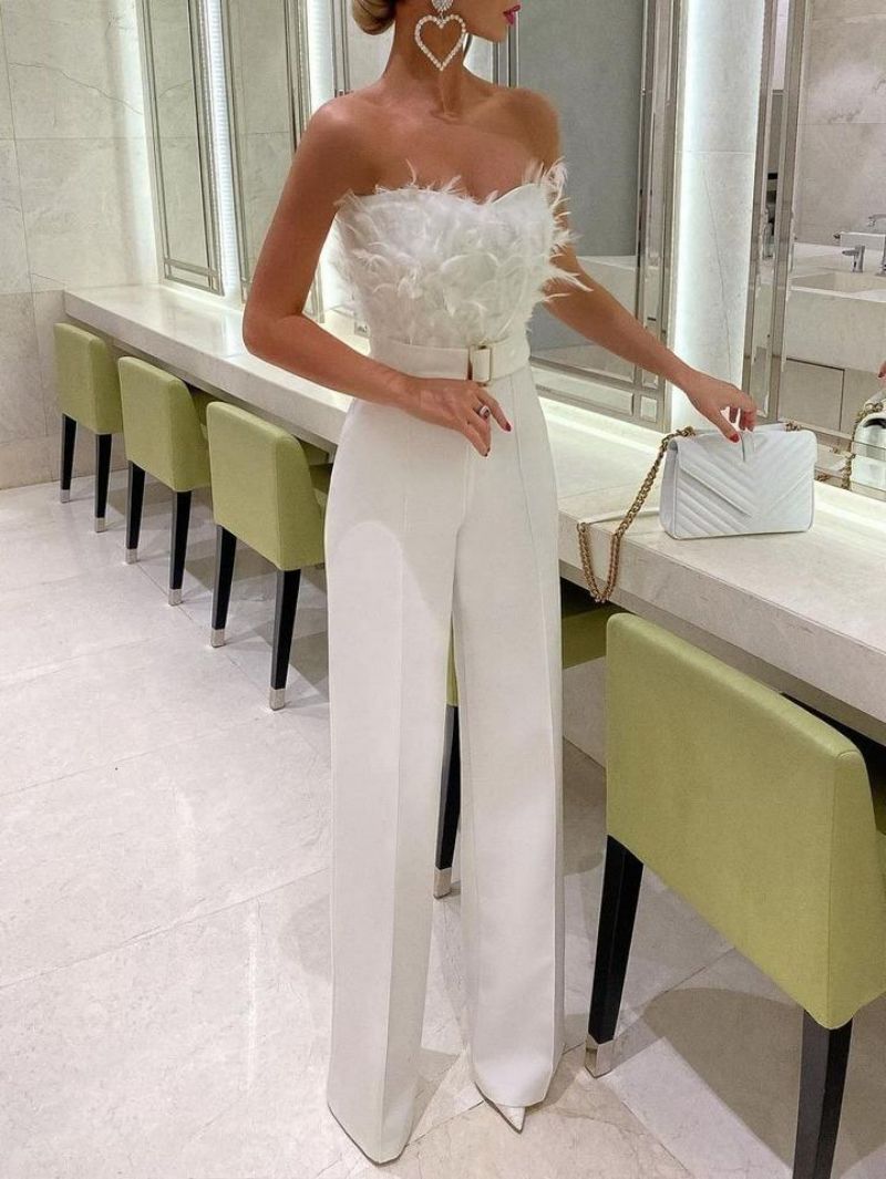 Feather Strapless Overalls for Women Party Evening Bodysuit Sleevelss Overalls Women's Clothing Traf Ropa Mujer Jumpsuits