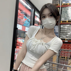 T-shirts Women Summer Soft Pure Chic Gentle Lace-up Desgined Square Collar Crop Tops Kawaii Short-sleeve Students Slim Knitwear