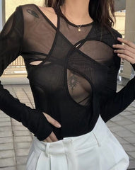 Solid Sexy Mesh See Through Irregular Hollow Bodysuit Women Fashion O-Neck Long Sleeves Stretch Club Party Lady Rompers