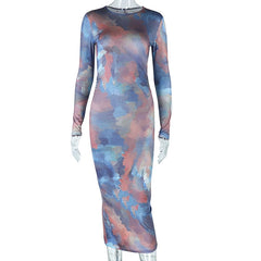 Casual Sexy O-neck Printed Bodycon Party Dress for Women Streetwear Y2K  Summer Autumn Ladies Nightclub Mid-calf Vestidos