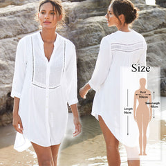 Women Swimsuit Cover Ups Mandarin Sleeve Kaftan Beach Tunic Dress Robe De Plage Solid White Pareo Beach Cover-ups Pbong mid size graduation outfit romantic style teen swag clean girl ideas 90s latina aesthetic