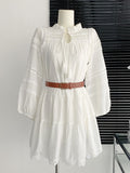 Elegant Hollow-out White Dresses For Women Simmer New Lantern Sleeve With Belt Mini Dress French Style Shirt Vestidos