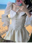 White Women's Dress Short Skirt French Vintage Long Short Sleeve Summer Ladies Chic Design Ruffle Skirt Halterneck Dresses