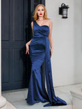 One Shoulder Padded Sexy Satin Maxi Dress Women&#39;s Evening Party Dress Gown with Ribbon Royal Blue Green Draped Long Dress