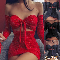 Shiny Party Sexy Dress Women Hollow Out Strapless Tie-Up Fashion Dress Fashion Long Sleeve Pleated Dresses Slim