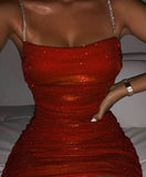 SUMMER DRESS Spaghetti Strap Sparkly Ruched Dress Women Sexy Sleeveless Bodycon Mini Christmas Dress Female Club Party