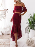 Women Sexy Solid Mesh Hollow Outfits Elegant Lace Strapless Tops+Slim Long Irregular Skirt Suits New Embroidery Ruffle Party Set