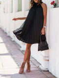 Solid Pleated Commuter Women A Line Dress Casual Loose Stand-up Collar Strapless Party Dress Summer Sexy Sleeveless Beach Dress