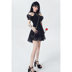 Chinese Dress Women Summer New Sexy Puff Short Sleeves Short Skirt Black Fashion Gothic Streetwear Design Fishbone Skirt Dress