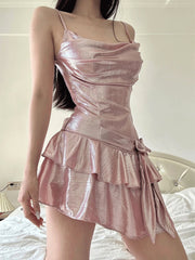 Sexy Ruffle Mini Dress Pink Asymmetrical Bodycon Summer Dress Elegant Party Dress for Women Fashion Bow Knot Vestidos