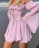 Beach Style Vintage Chiffon Dress With Corset Bandage Hollow Out Bustier Prairie Chic Flare Sleeve Dresses 2 Pieces Set