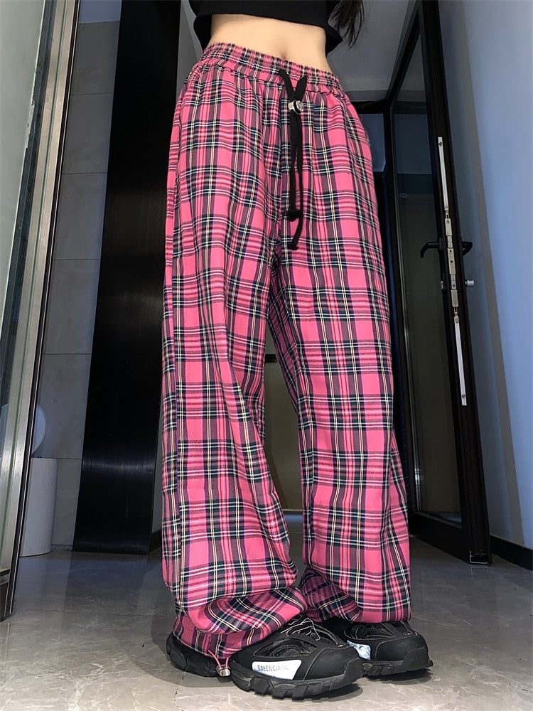 Harajuku Pink Plaid Pants Women Cyber Y2K Egirl Wide Leg Checked Trousers Female Oversize Streetwear Edgy Style Sweatpants