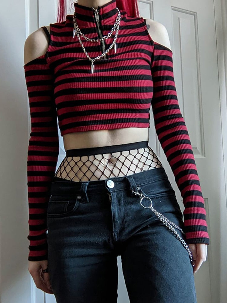 Goth Dark Grunge Striped Mall Gothic Basic T-shirts Punk E-girl Aesthetic Bodycon Casual Crop Tops Long Sleeve Open Shoulder Tee