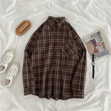 Vintage Women Plaid Shirts Loose Oversize Long Sleeve Button Up Fall Shirt Casual Pocket Female Tops Korean Black Tops