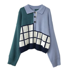 Oversized Women Polo Preppy Style O-Neck Knitted Loose Sweaters Full Sleeve Female Patchwork Pullovers Jersey Jumpers S209